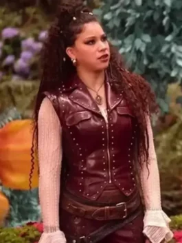 Burgundy real leather Descendants Hazel Hook Vest featuring a lapel collar and front zipper closure.