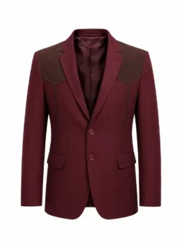 Front view of the maroon suiting fabric Digger 2026 Tom Cruise Maroon Suit featuring a lapel collar and button closure.