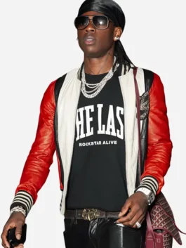 Red and white real leather Dubai 2026 Rema Bomber Leather Jacket featuring a rib knitted collar and front zipper closure.
