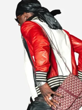 Back view of the red and white real leather Dubai 2026 Rema Bomber Leather Jacket showcasing rib knitted trim and full length sleeves.