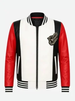 Front view of the red and white real leather Dubai 2026 Rema Bomber Leather Jacket detailing four functional storage pockets.