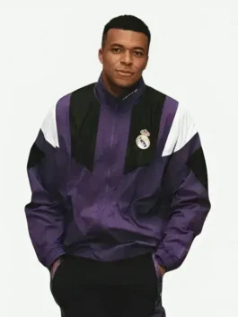 Front view of the purple polyester Kylian Mbappe EA FC 27 Real Madrid Track Jacket detailing the stand up collar and front zipper.