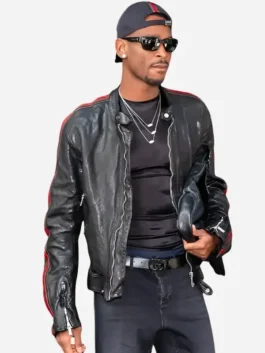 Close-up of the black real leather Shai World Cup 2026 Final Biker Jacket detailing the erect collar and zipper hardware.