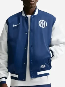 Front view of the blue and white satin Fanatics Fest NYC 2026 Inter Milan Jacket detailing the snap tab buttons and two-tone color blocking.
