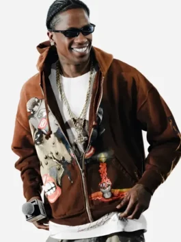 Brown fleece Fanatics Fest NYC 2026 Travis Scott Hoodie detailing the full zip front and rich brown color.
