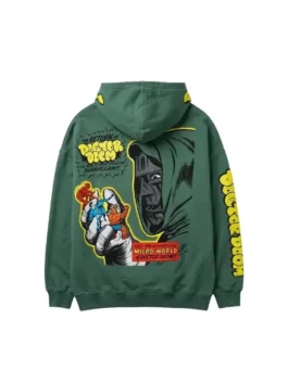 Back view of the green fleece Fantastic Four Dr Doom Green Hoodie showcasing full length sleeves and rib knitted cuffs.