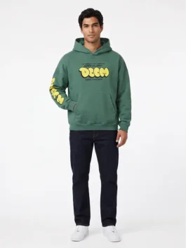 Green fleece Fantastic Four Dr Doom Green Hoodie highlighting the spacious front kangaroo pocket.