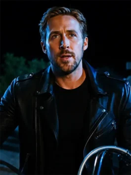 Black real leather Ghost Rider Ryan Gosling Black Leather Jacket featuring a lapel collar and asymmetrical zipper closure.