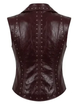Back view of the burgundy real leather Descendants Hazel Hook Vest detailing a structured fit and rich leather finish.