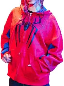 Red and blue fleece Her Universe Spider-Man Brand New Day Hoodie detailing two front storage pockets.