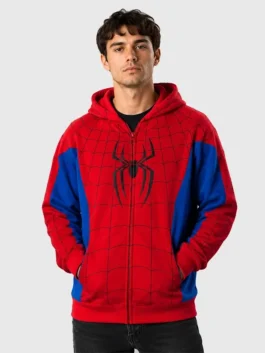 Red and blue fleece Hot Topic Spiderman Hoodie featuring a hooded collar and front zipper closure.