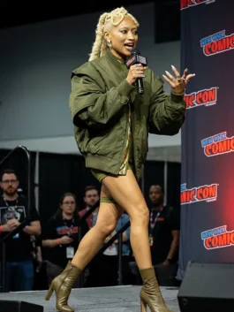 Green satin Mortal Kombat 2 Tati Gabrielle Green Jacket featuring a rib knitted collar and front zipper closure.