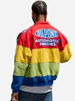 Back view of the multicolor cotton Jeff Gordon Twill Uniform Key Glock Jacket showing full length sleeves and rib knitted cuffs.