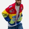 Close-up of the multicolor cotton Jeff Gordon Twill Uniform Key Glock Jacket detailing the shirt collar and racing graphics.