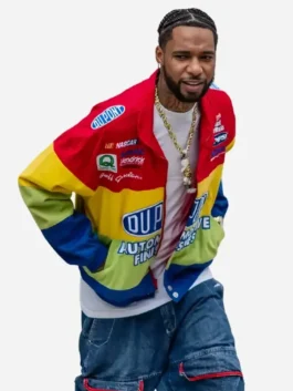 Close-up of the multicolor cotton Jeff Gordon Twill Uniform Key Glock Jacket detailing the shirt collar and racing graphics.