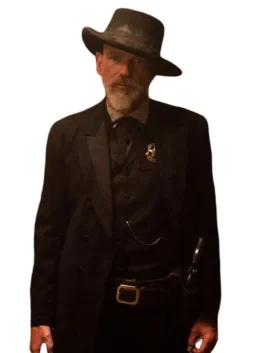 Black wool 1883 Marshal Jim Courtright Black Coat highlighting the lapel collar and buttoned front.