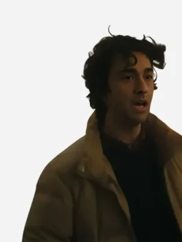 Beige parachute Jumanji Open World Alex Wolff Puffer Jacket showcasing full length sleeves and insulated puffer panels.