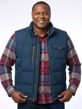 Blue parachute Jumanji Open World Ser’Darius Blain Blue Vest featuring a stand up collar and front zipper closure.