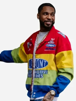 Multicolor cotton Jeff Gordon Twill Uniform Key Glock Jacket showcasing the dual zipper and snap tab closure.