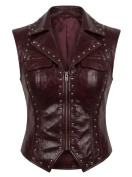 Front view of the burgundy real leather Descendants Hazel Hook Vest highlighting three functional storage pockets and a front zip.