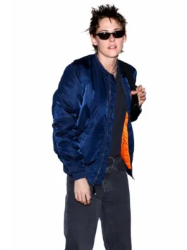 Navy blue satin Kristen Stewart Navy Blue Bomber Jacket featuring a rib knitted collar and front zipper closure.