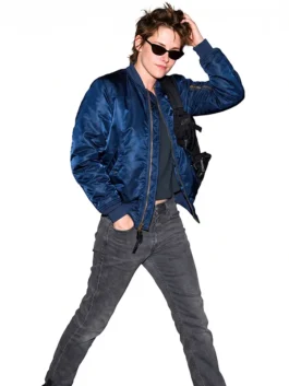Navy blue satin Kristen Stewart Navy Blue Bomber Jacket showcasing full length sleeves and rib knitted cuffs.