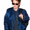 Navy blue satin Kristen Stewart Navy Blue Bomber Jacket highlighting four functional storage pockets.