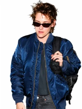 Navy blue satin Kristen Stewart Navy Blue Bomber Jacket highlighting four functional storage pockets.