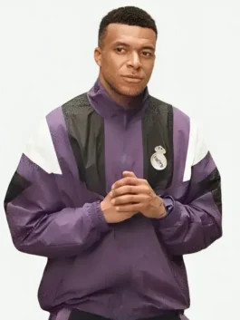 Purple polyester Kylian Mbappe EA FC 27 Real Madrid Track Jacket showcasing full length sleeves and elastic cuffs.
