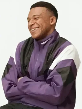 Close-up of the purple polyester Kylian Mbappe EA FC 27 Real Madrid Track Jacket detailing the zipper front and rich purple finish.