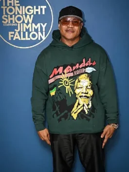 Green fleece LL Cool J The Tonight Show Mandela Hoodie featuring a hooded collar and pullover style closure.
