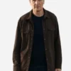 Brown suede fabric Liam Neeson The Mongoose Suede Jacket featuring a shirt style collar and button closure.