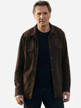 Brown suede fabric Liam Neeson The Mongoose Suede Jacket featuring a shirt style collar and button closure.