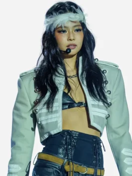 Front view of the white cotton Lollapalooza 2026 Jennie Kim Jacket showcasing full length sleeves and velcro cuffs.
