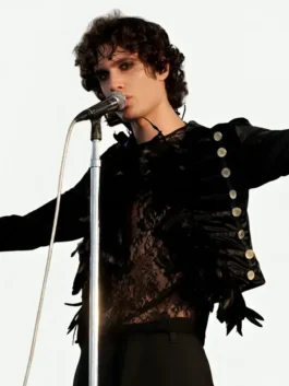 Black velvet Lollapalooza Sombr Black Jacket showcasing full length sleeves and rich velvet texture.