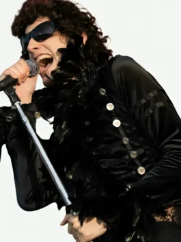 Black velvet Lollapalooza Sombr Black Jacket featuring a stand up collar and open front design.