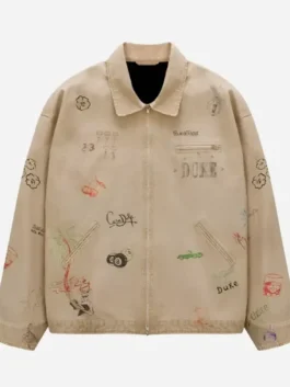 Front view of the beige cotton Louis Tomlinson Montreal Concert Jacket detailing the shirt collar and zipper front.