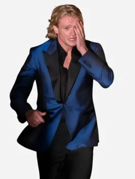 Blue suiting fabric Clayface Tom Rhys Harries Blazer highlighting five functional storage pockets.