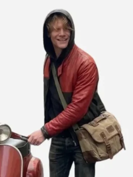 Red and black real leather Clayface Tom Rhys Harries Leather Jacket showcasing full length sleeves and vibrant color blocking.