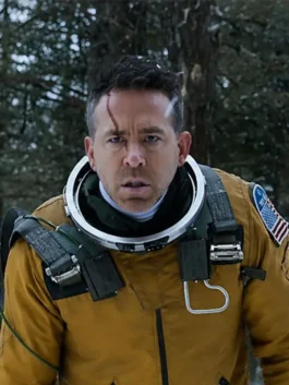 Yellow cotton Mayday 2026 Ryan Reynolds Flight Jacket featuring a stand up collar and front zipper closure.