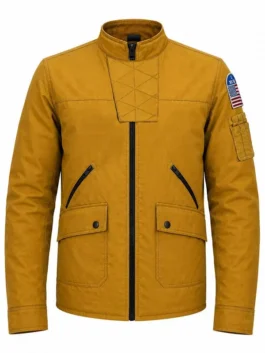 Front view of the yellow cotton Mayday 2026 Ryan Reynolds Flight Jacket showcasing full length sleeves and a bold yellow tone.