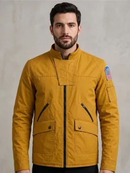 Yellow cotton Mayday 2026 Ryan Reynolds Flight Jacket detailing six functional storage pockets.