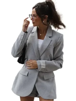 Grey suiting fabric Michelle Keegan Glamour UK Grey Blazer showcasing full length sleeves and a tailored silhouette.