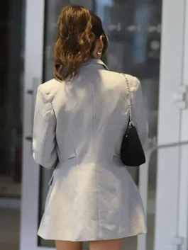 Back view of the grey suiting fabric Michelle Keegan Glamour UK Grey Blazer showing clean tailored lines and refined stitching.
