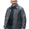Close-up of the black real leather Mobland S02 Harry Da Souza Black Jacket detailing the shirt collar and front buttons.
