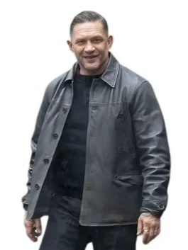 Close-up of the black real leather Mobland S02 Harry Da Souza Black Jacket detailing the shirt collar and front buttons.