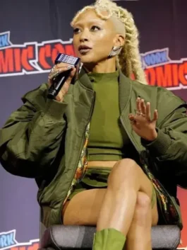 Green satin Mortal Kombat 2 Tati Gabrielle Green Jacket showcasing full length sleeves and flexible rib knitted cuffs.