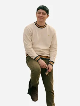 Beige polyester My Daughters Father Sidney Robote Sweater featuring a rib knitted collar and pullover closure.