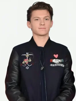 Black wool body and leather sleeves NYC Photocall Tom Holland Bomber Jacket showcasing full length sleeves and rib knitted cuffs.