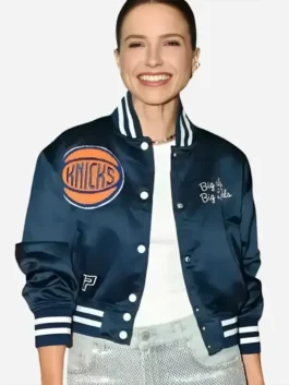 Blue satin Sophia Bush Knicks Blue Satin Varsity Jacket showcasing full length sleeves and rib knitted cuffs.